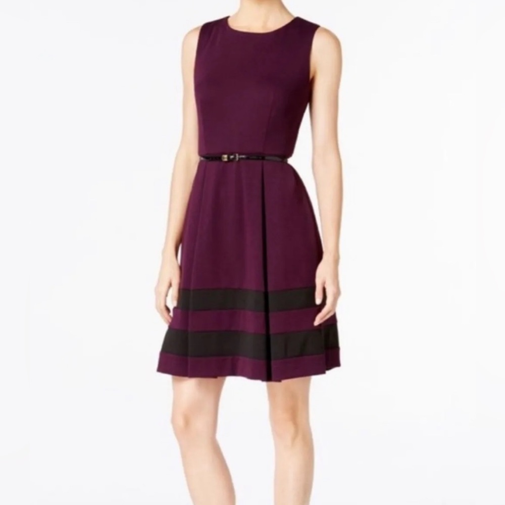CALVIN KLEIN A-Line Sleeveless Dress Purple with Black Stripes Sz 12
